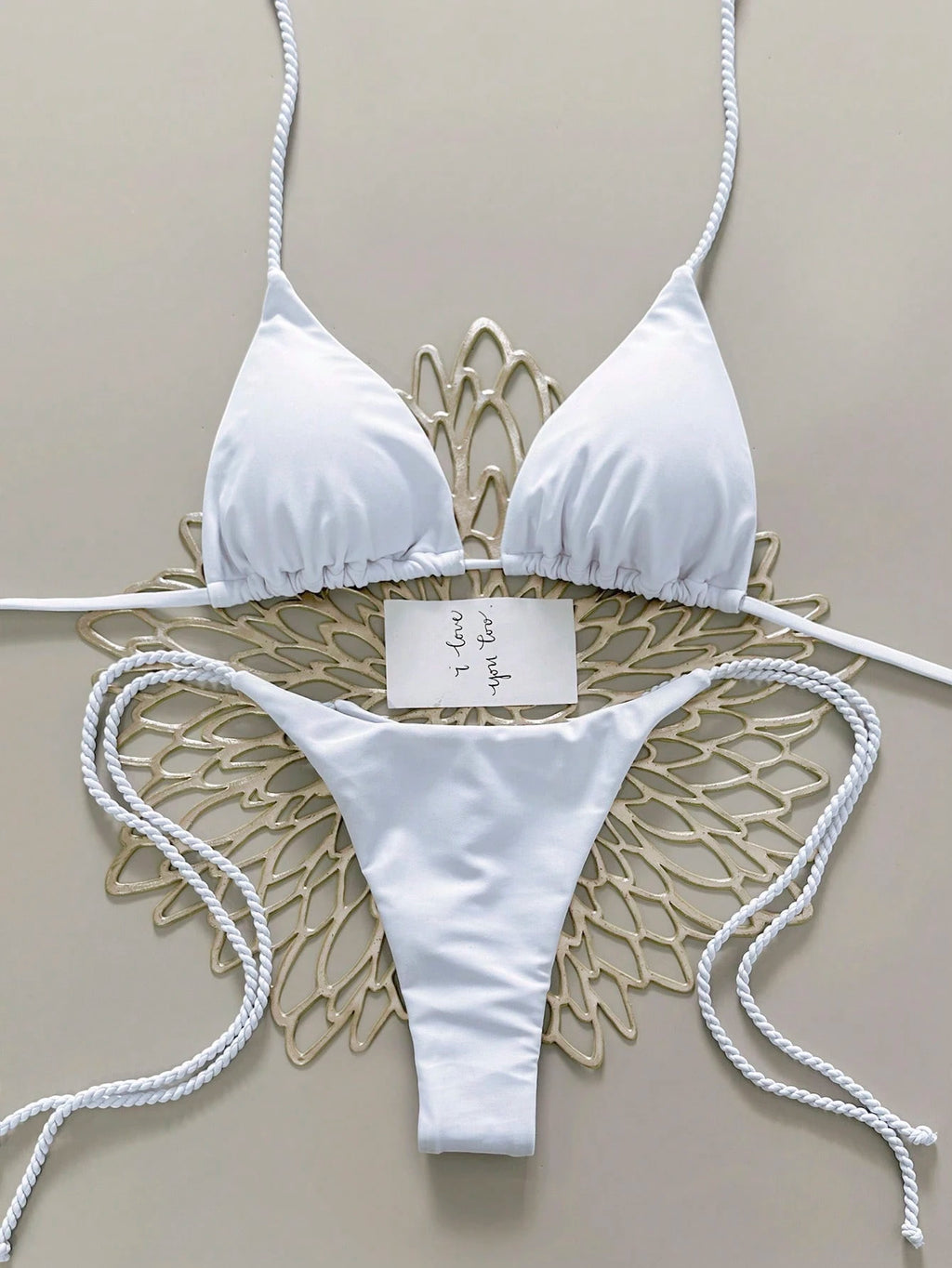Swim Vcay 2pcs Women Apricot Bikini Swimwear Set, Handmade Rope Decor