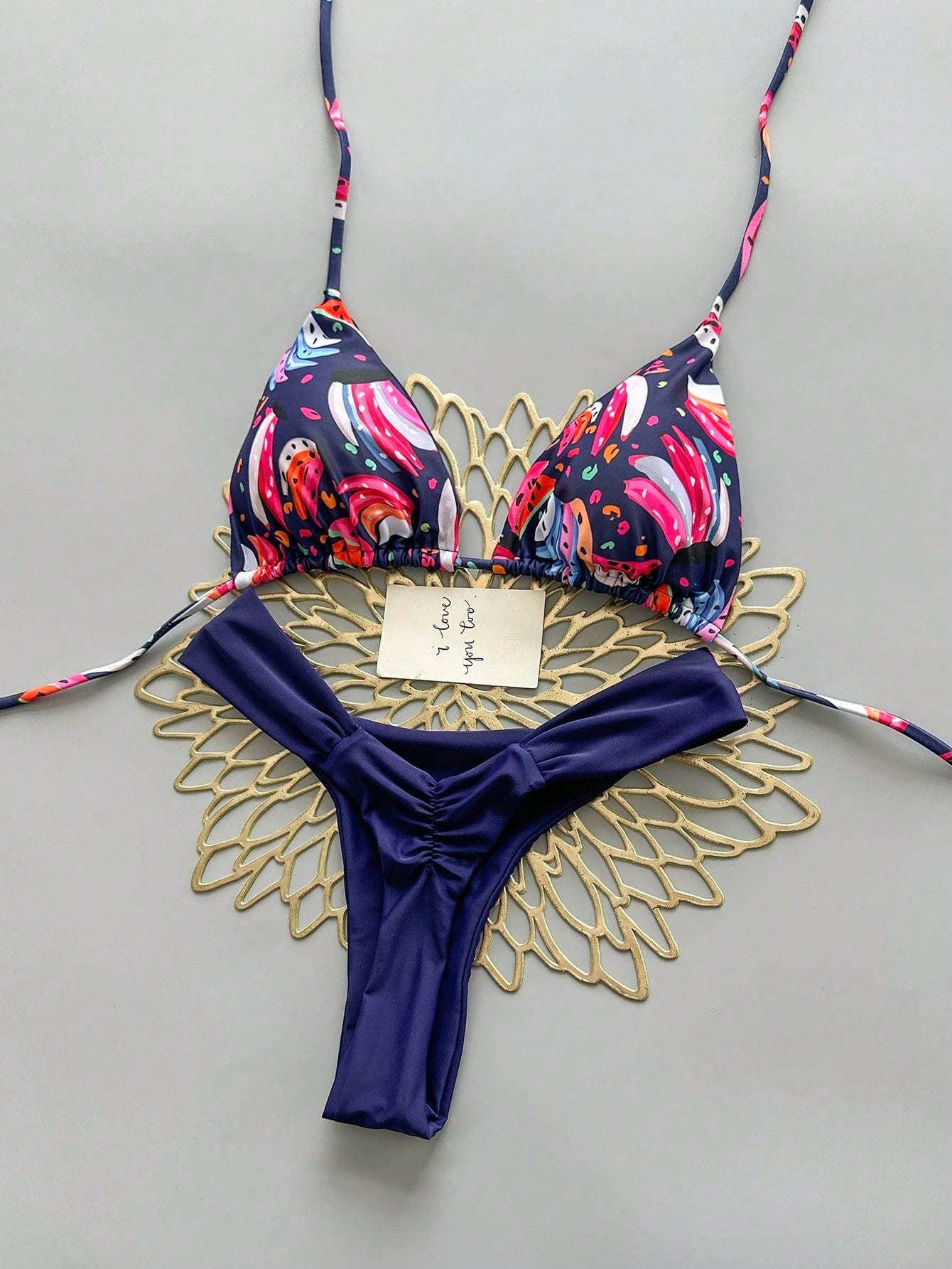 Women's Casual Spaghetti Strap Drawstring Bikini Set, Colorful Banana