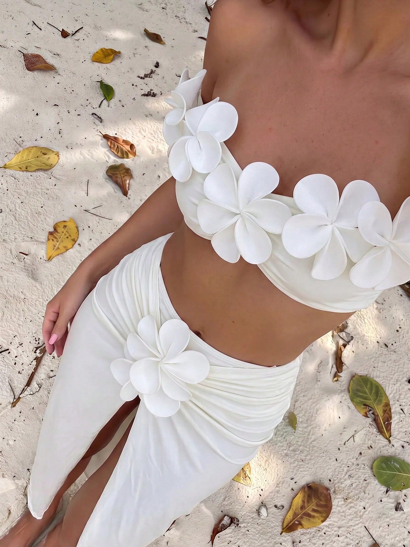 Bonvoyette Women's Summer Beach Vacation 3D Floral Decor One-Shoulder Bikini Set,Elegant White Three-Piece - image 5
