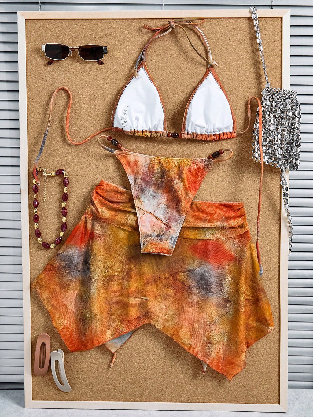 3pcs Women's Tie Dye Print Halter Neck Bikini Set With Tassel Bead