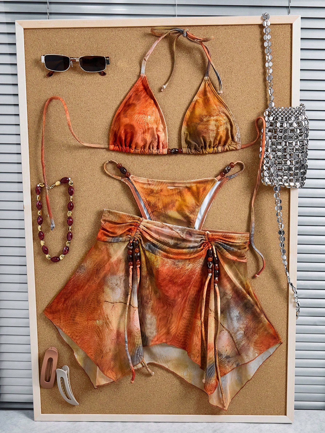 3pcs Women's Tie Dye Print Halter Neck Bikini Set With Tassel Bead