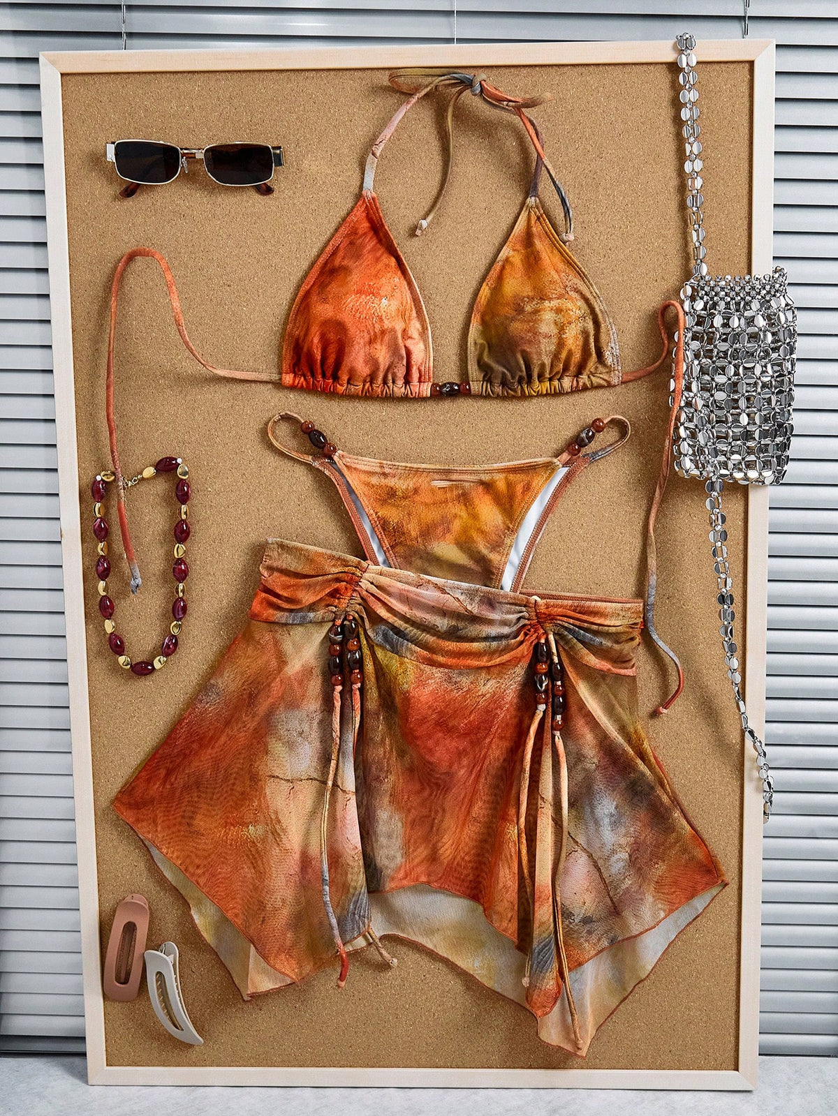 3pcs Women's Tie Dye Print Halter Neck Bikini Set With Tassel Bead Decor Sheer Beach Skirt Vacation Red - image 7