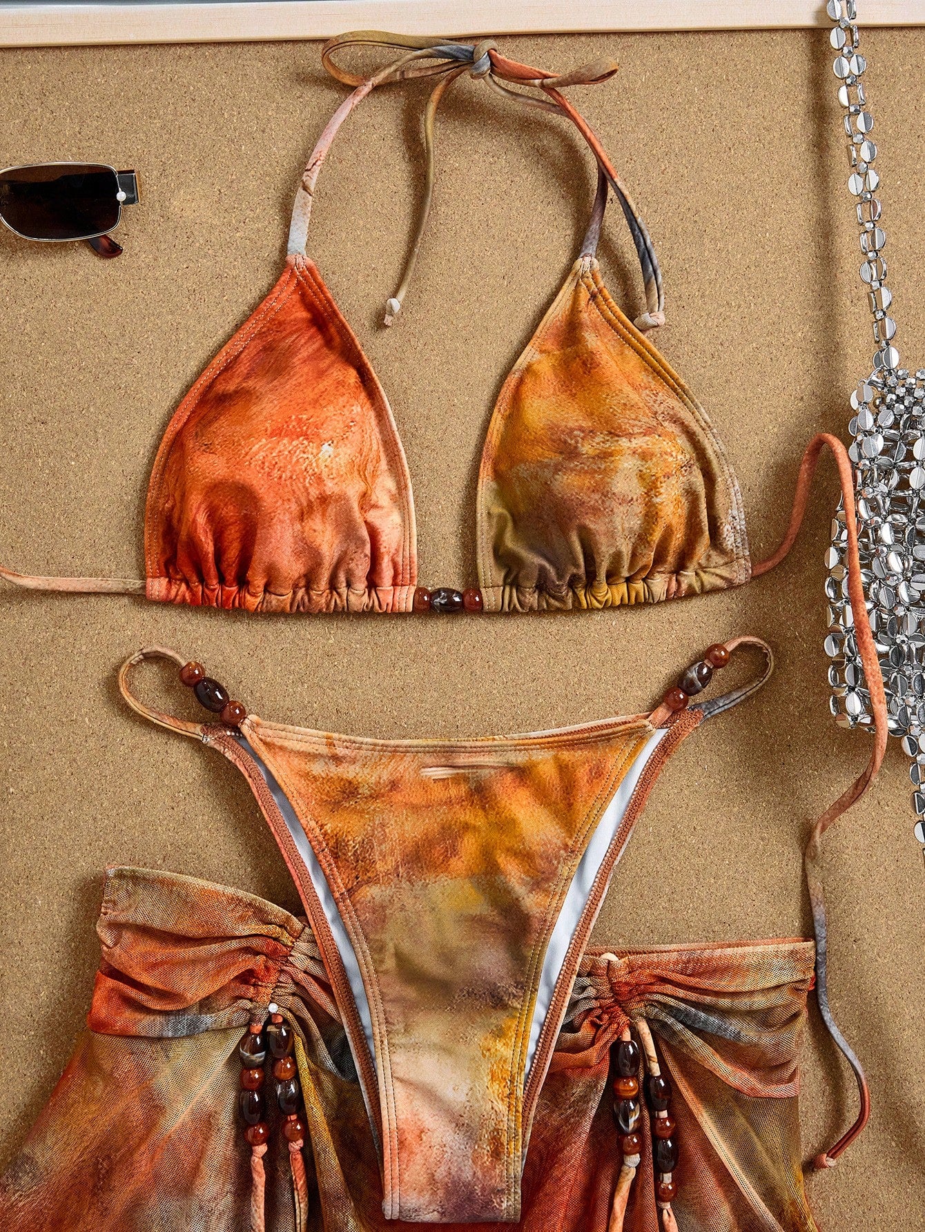 3pcs Women's Tie Dye Print Halter Neck Bikini Set With Tassel Bead