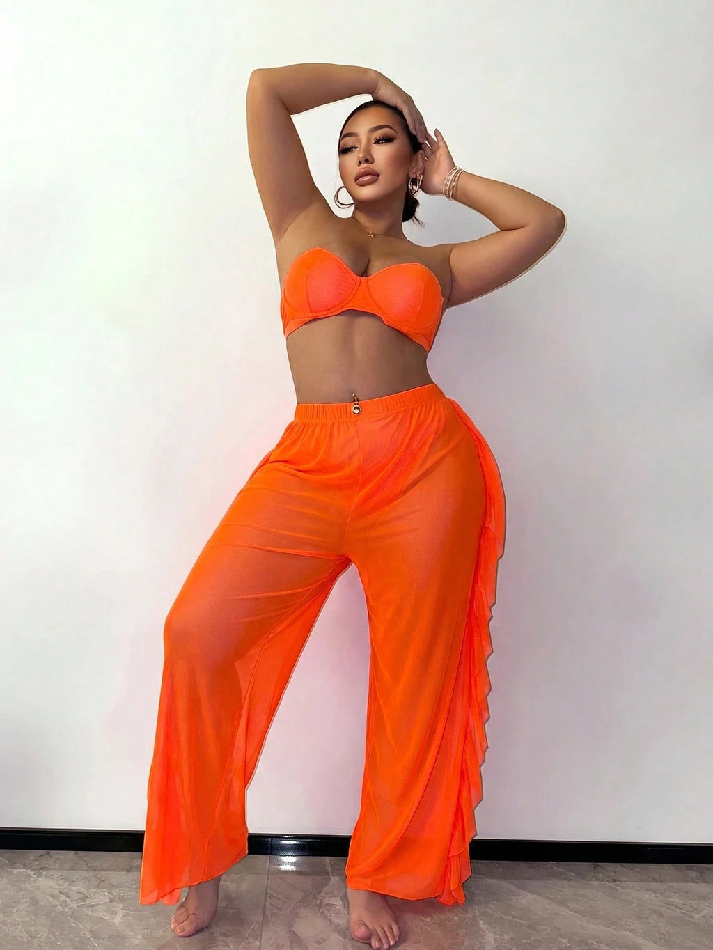 Slaydiva Ruffled Hem Solid Color Plus Size Women Cover Up & Pants Set - image 20