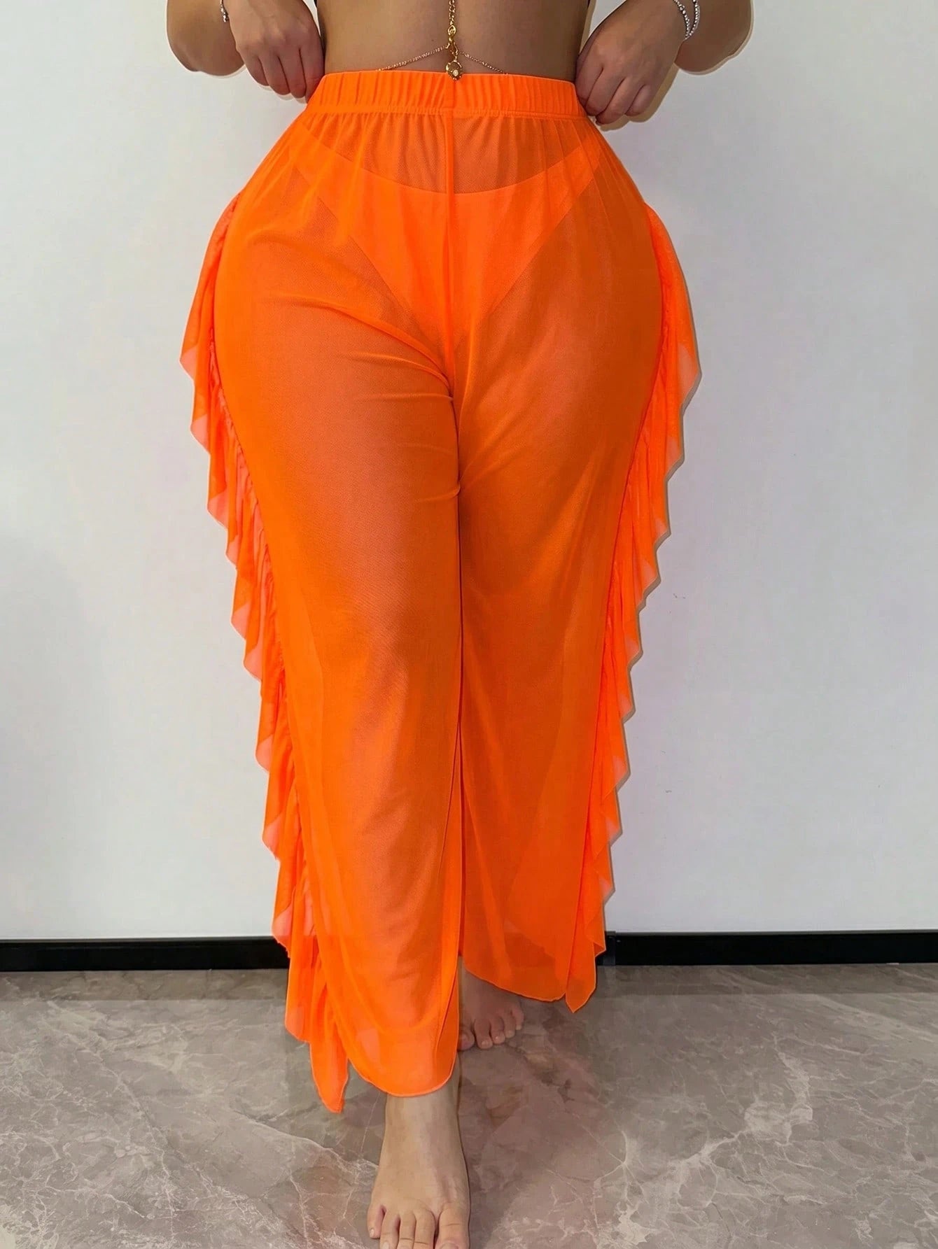 Slaydiva Ruffled Hem Solid Color Plus Size Women Cover Up & Pants Set - image 16