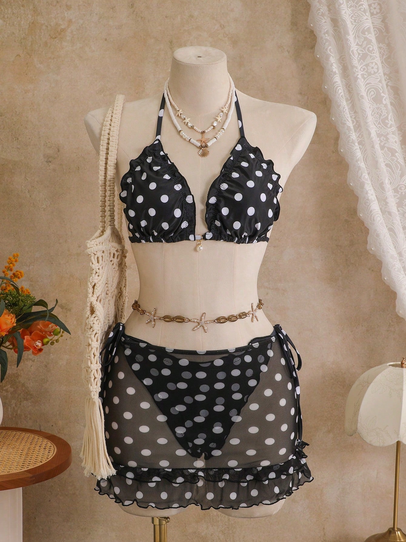 Swim Mod 3-Piece Set Pistachio Green Floral Textured Pearl Seashell