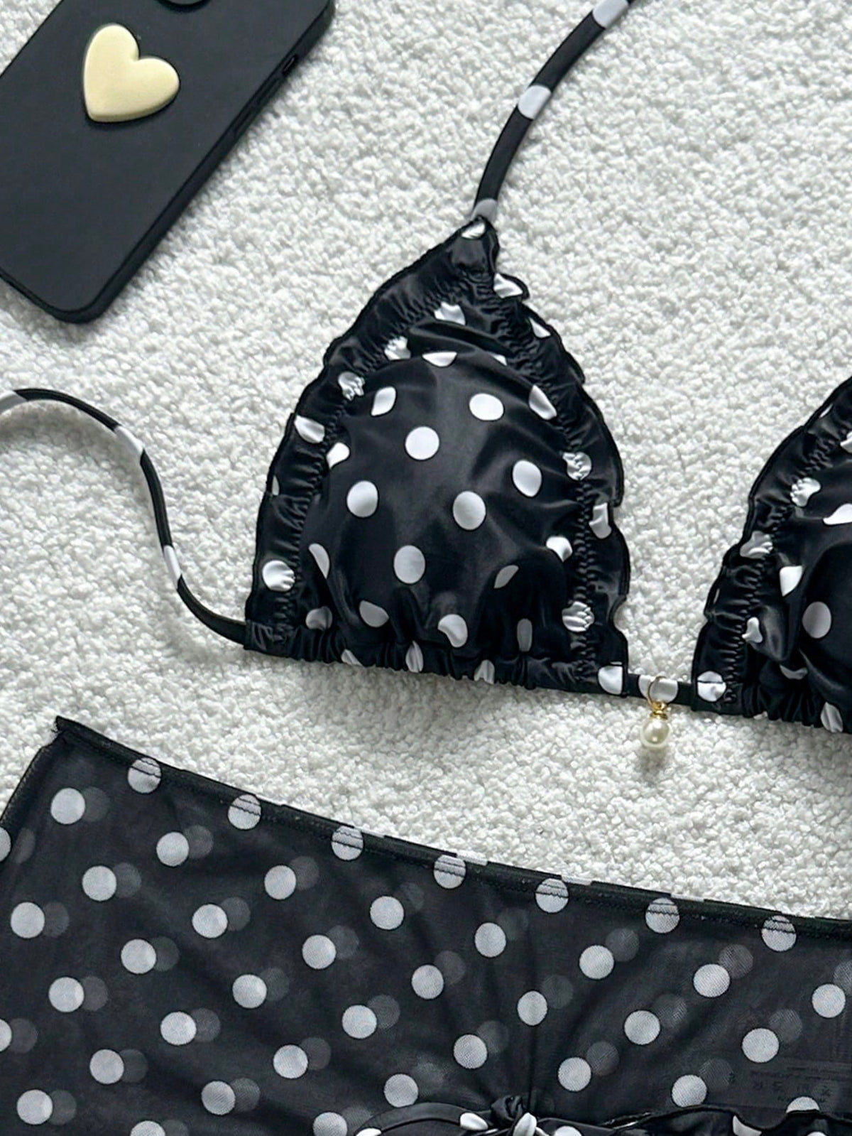 Swim Mod 3-Piece Set Pistachio Green Floral Textured Pearl Seashell Decor Halter Triangle Bikini,Side Tie - image 16