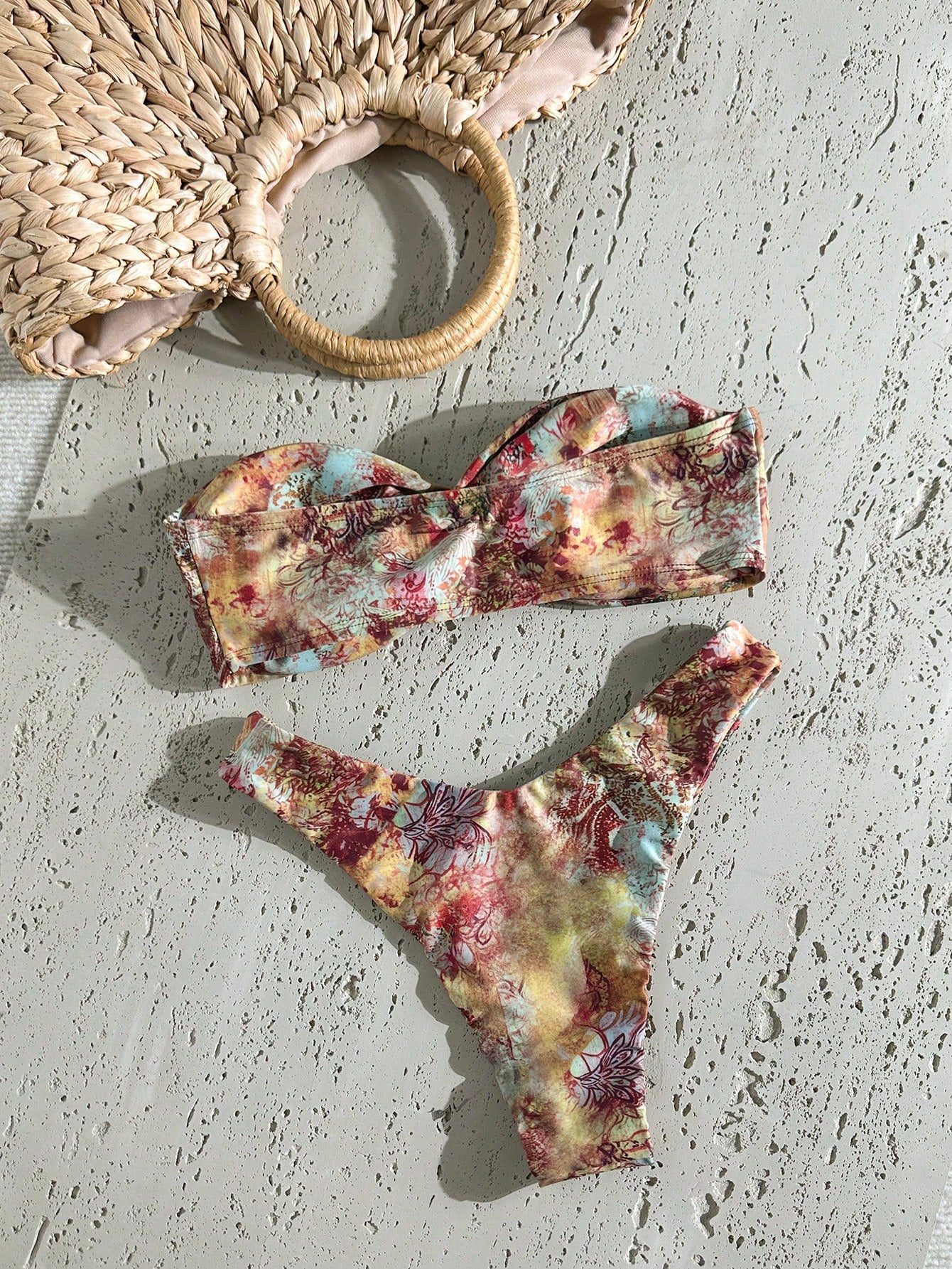 Swim Mod Multicolor Sleeveless Textured Pattern Bandeau Bikini Set