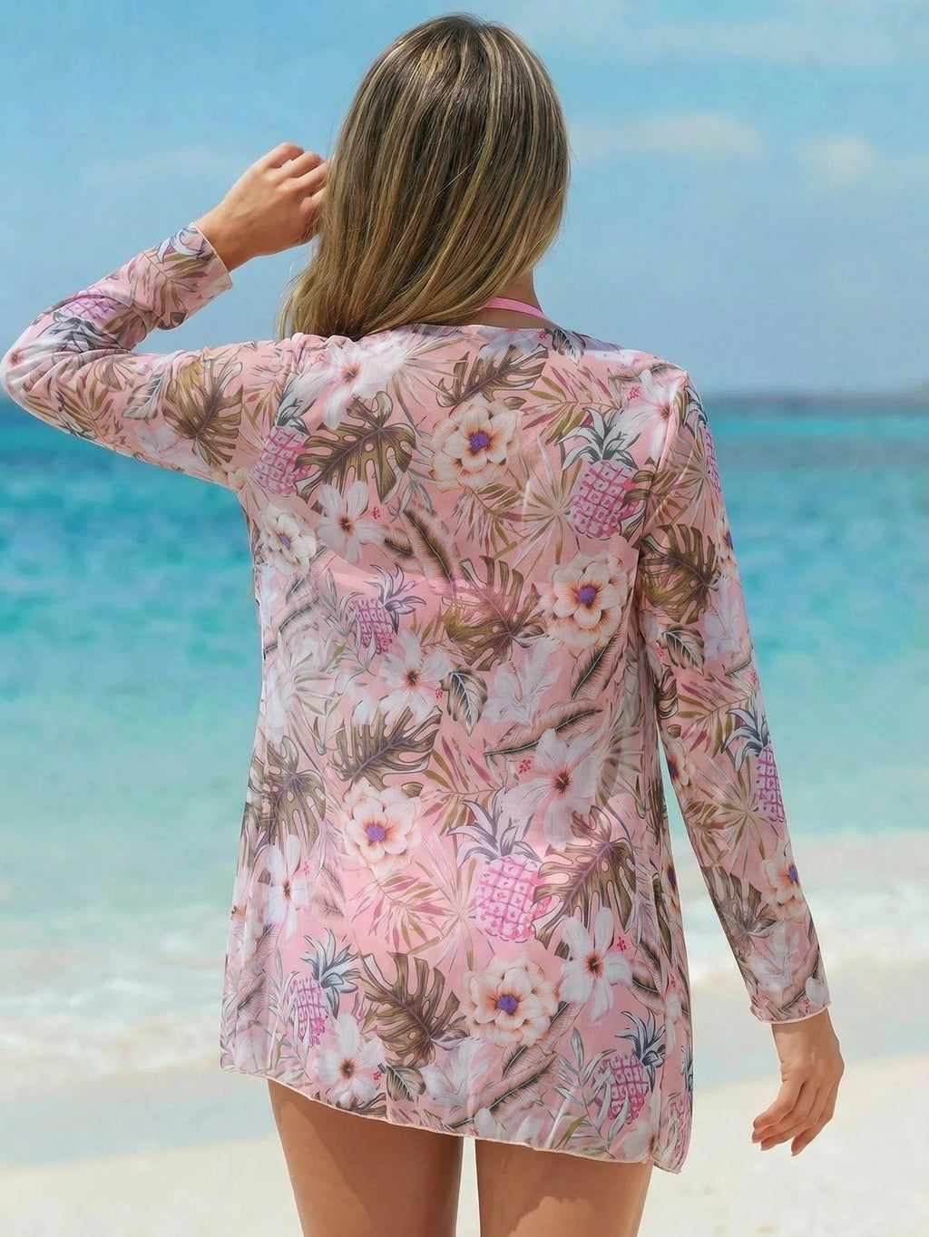 Vaclyn Women's Tropical Plant Print Casual Bikini Set With Coverup Short Sleeve Kimono Summer Vacation Beach - image 2