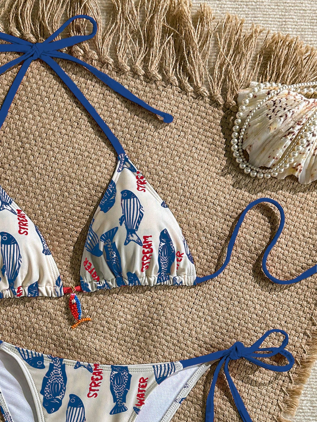 Swim Mod 2pcs Women's Swimwear Set, Random Fish & Letter Print Padded
