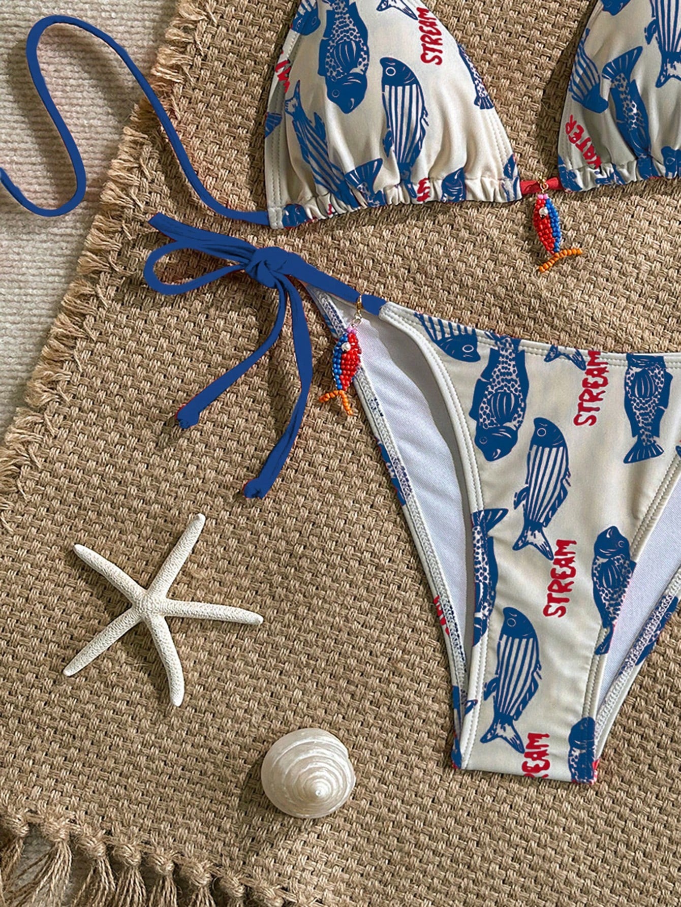 Swim Mod 2pcs Women's Swimwear Set, Random Fish & Letter Print Padded