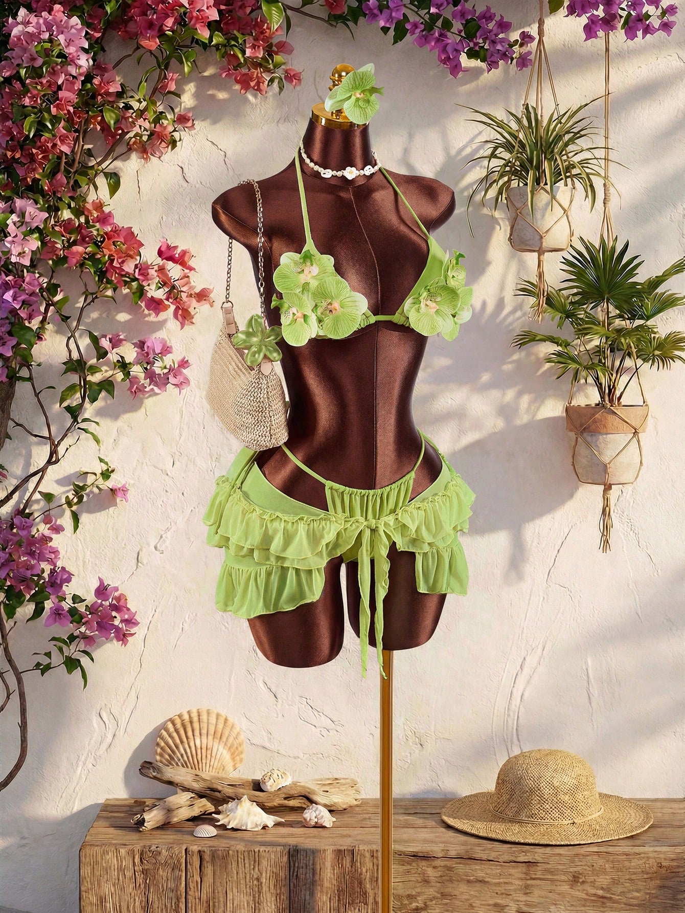 Amplova Women's 3-Piece Swimwear Set With 3D Floral Butterfly Orchid