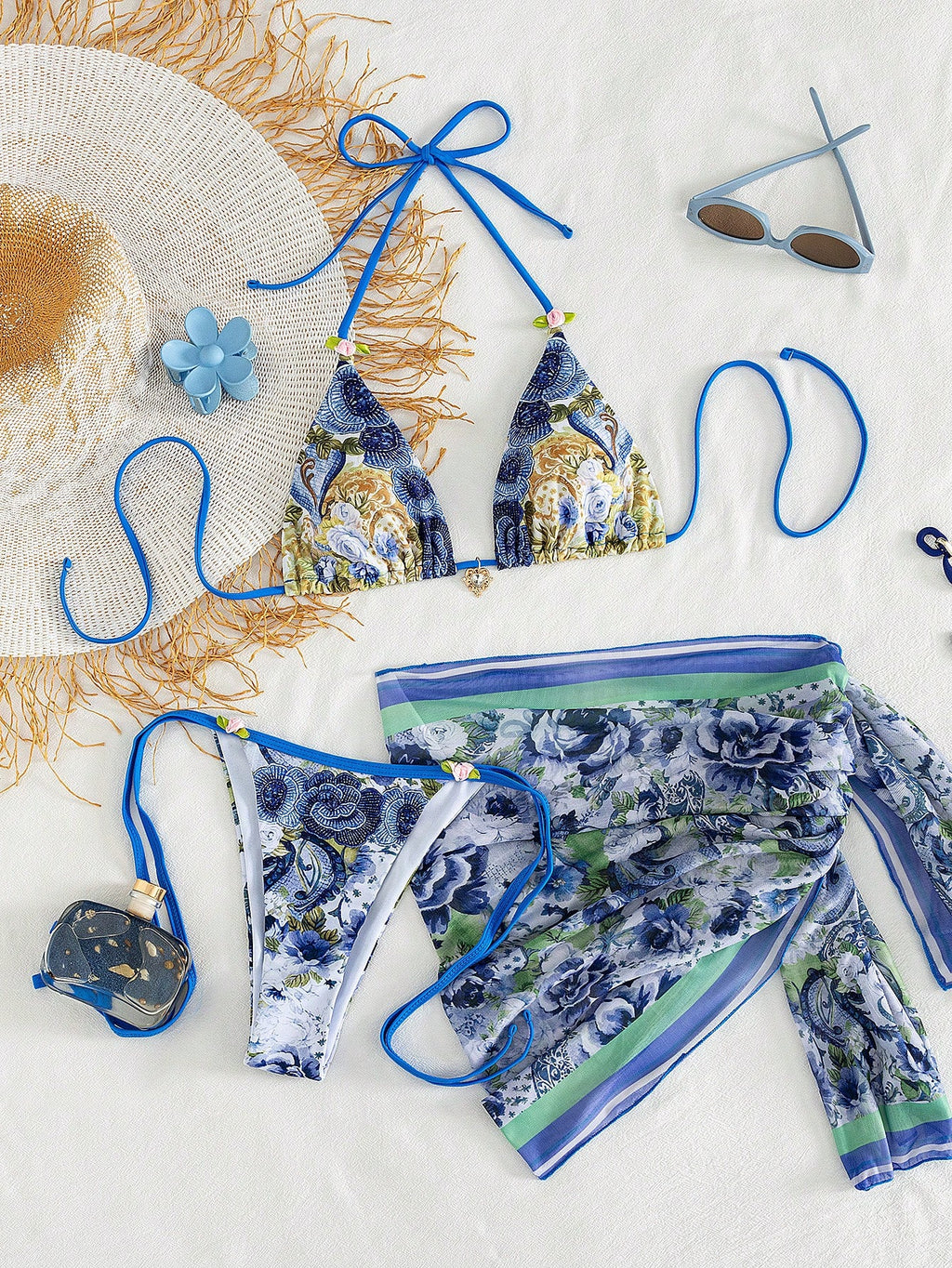 Onefish 2026 Women's Bikini Set, Elegant Floral Print Halter Tie Sexy