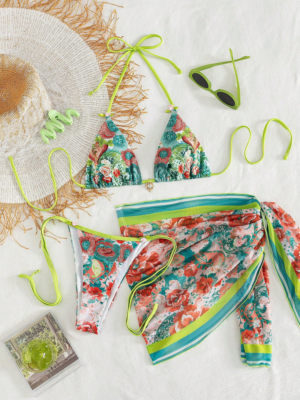 2026 Onefish Women's Floral Print Halter Tie Bikini Set, Elegant Bikini Set, Women's Resort Wear, Women's - image 19