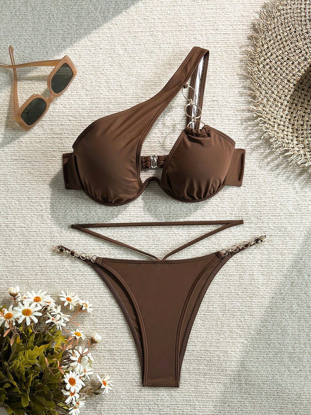 Swim SXY Women's Solid Color Metal Chain Asymmetric Neckline Bikini Set One Shou