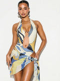 KIZN Women's Printed Sheer Sarong Cover Up Beach Wrap Skirt Abstract Pattern Summer Resort Vacation Poolside