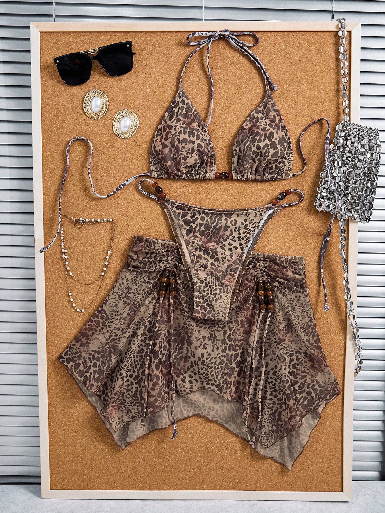 3pcs Women's Tie Dye Print Halter Neck Bikini Set With Tassel Bead