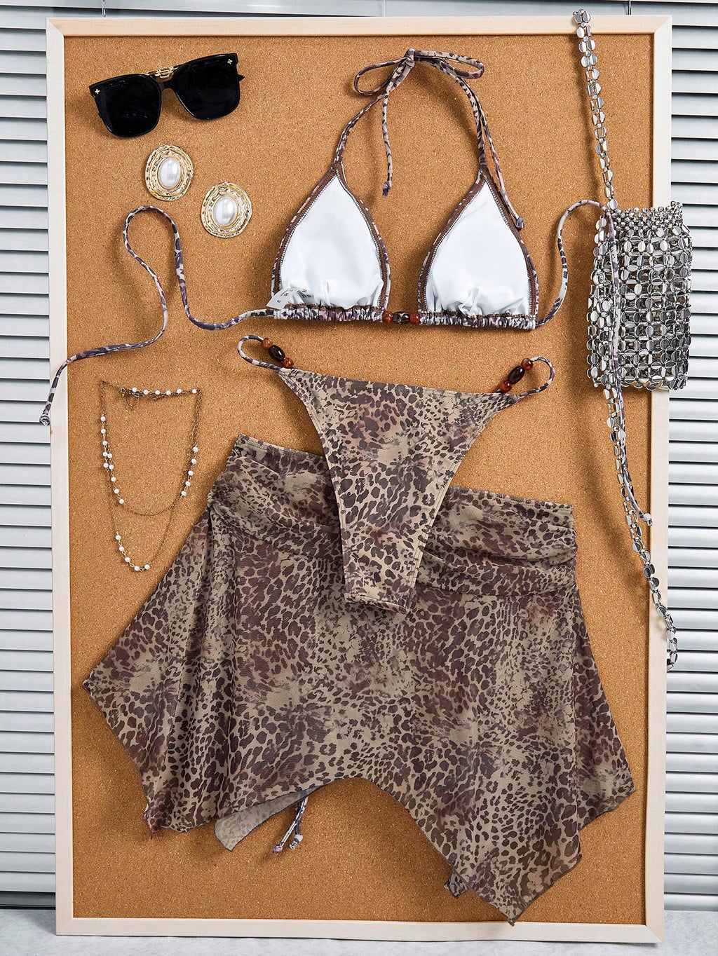 3pcs Women's Tie Dye Print Halter Neck Bikini Set With Tassel Bead
