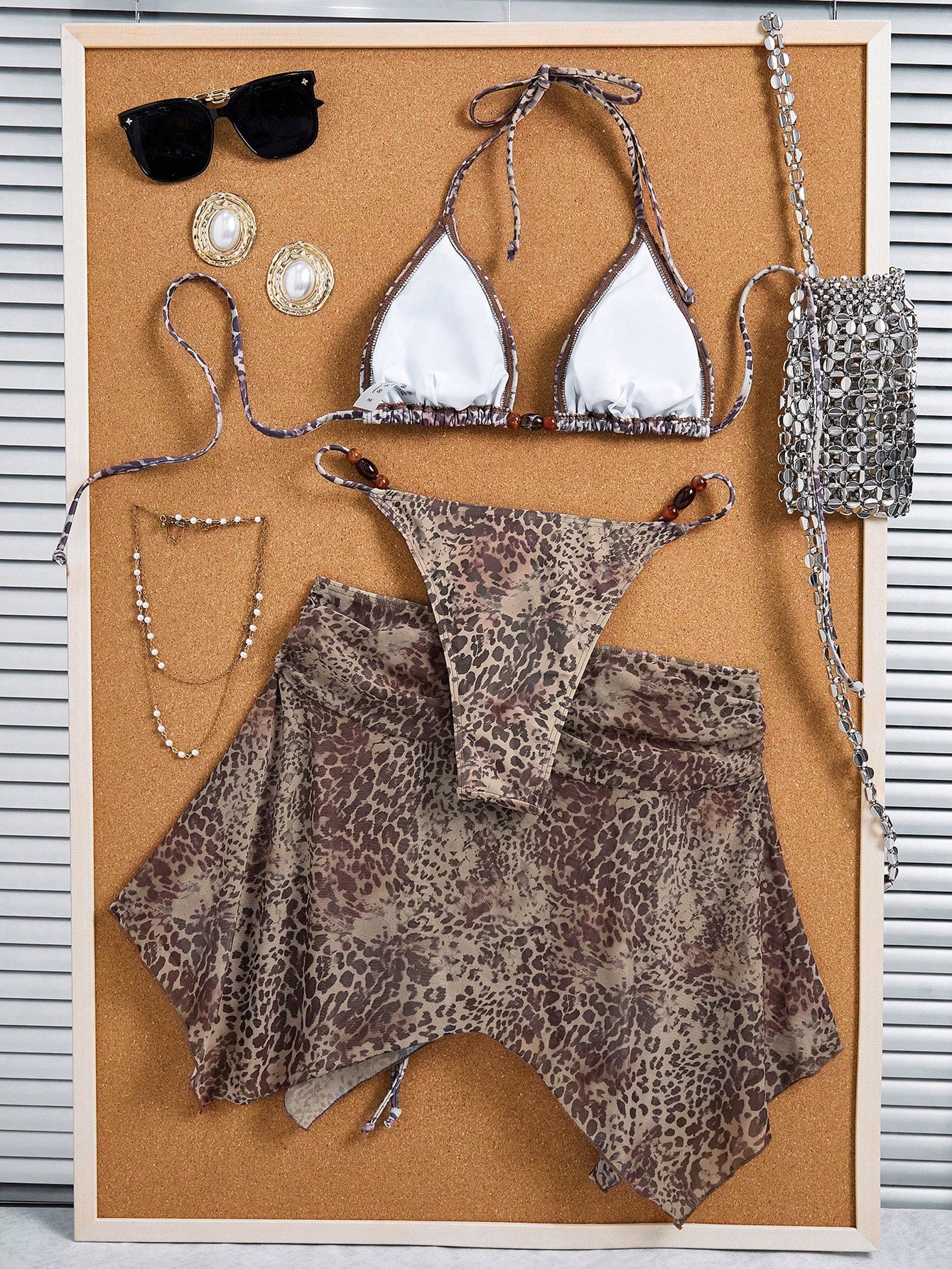3pcs Women's Tie Dye Print Halter Neck Bikini Set With Tassel Bead