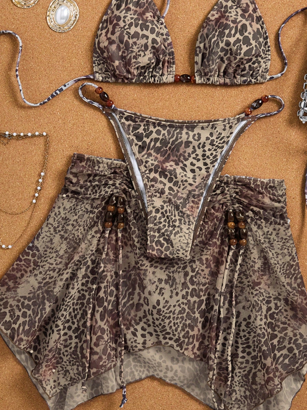 3pcs Women's Tie Dye Print Halter Neck Bikini Set With Tassel Bead