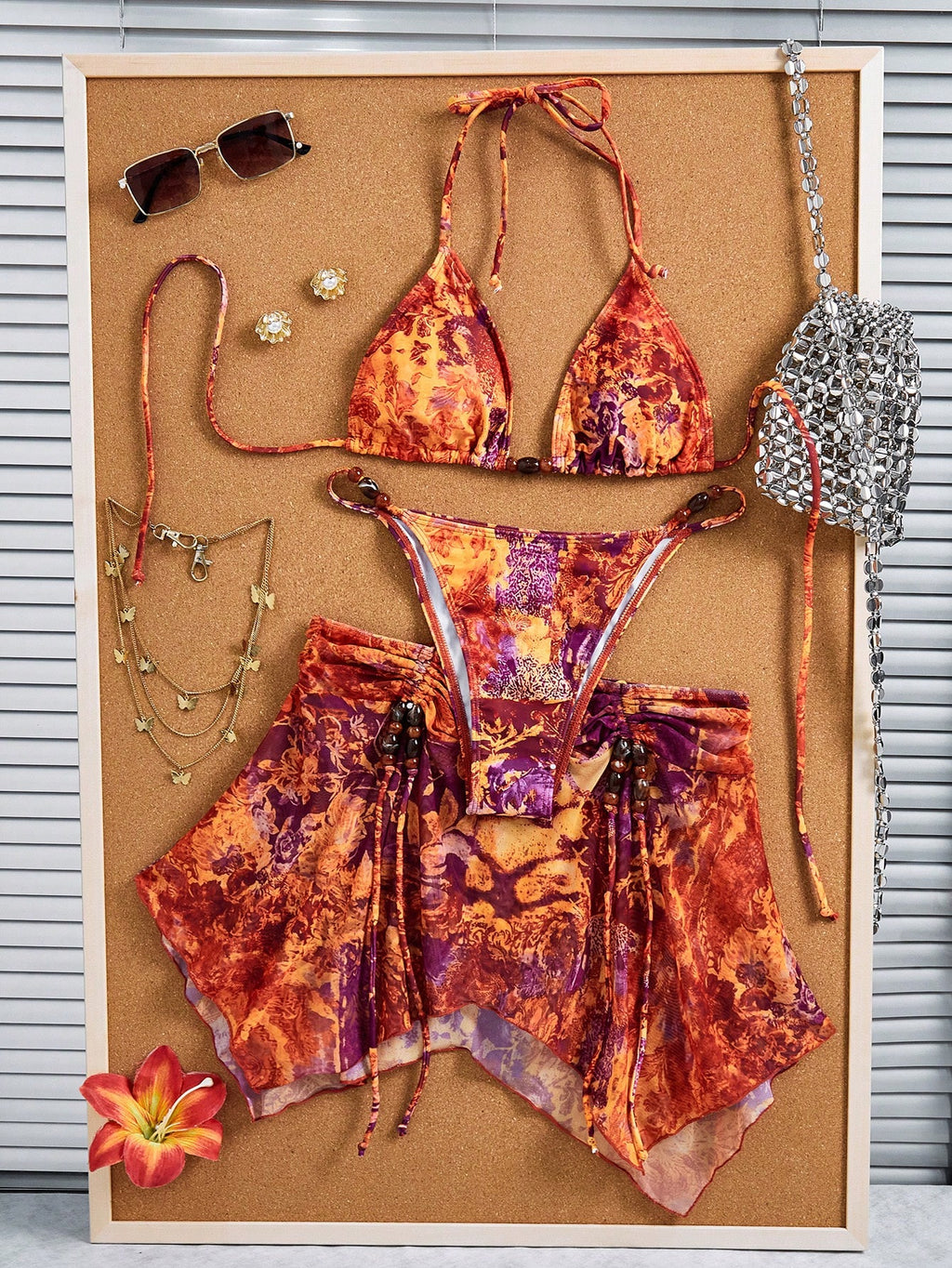 3pcs Women's Tie Dye Print Halter Neck Bikini Set With Tassel Bead