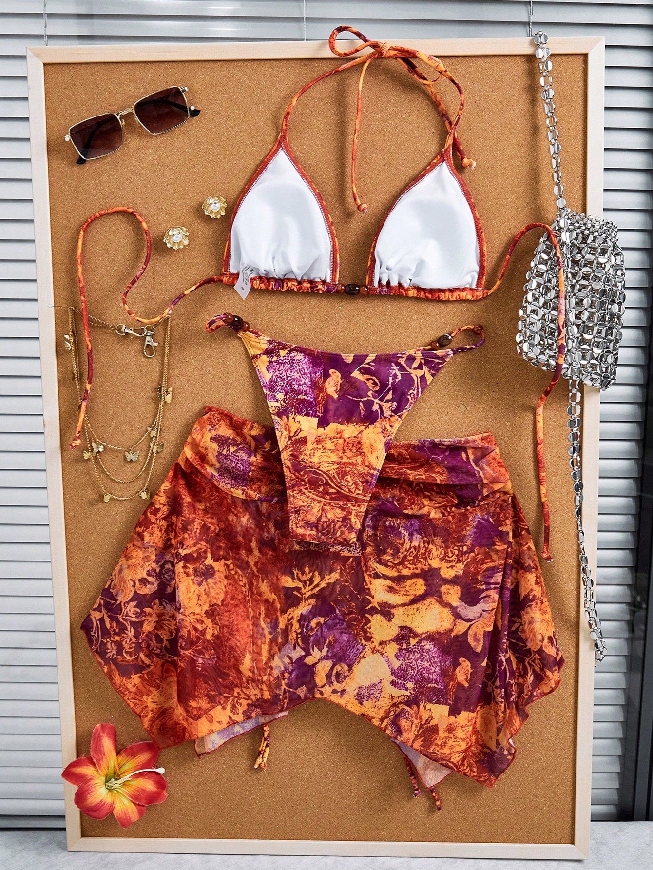 3pcs Women's Tie Dye Print Halter Neck Bikini Set With Tassel Bead