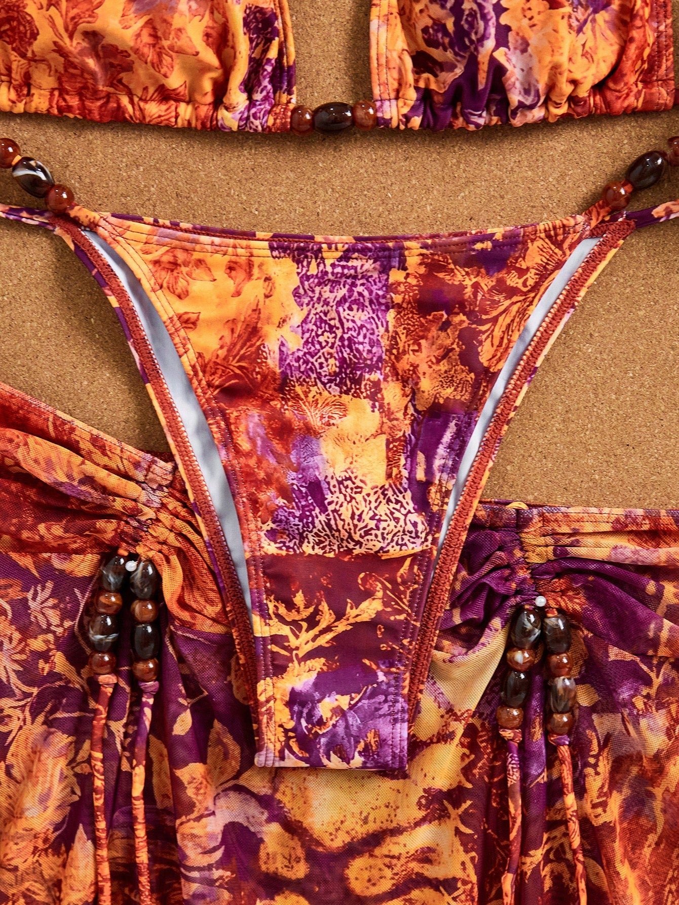 3pcs Women's Tie Dye Print Halter Neck Bikini Set With Tassel Bead