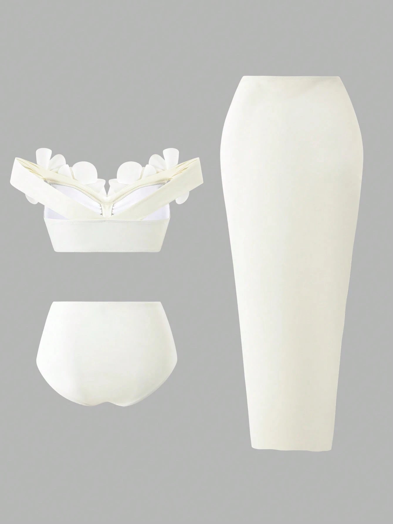 Bonvoyette Women's Summer Beach Vacation 3D Floral Decor One-Shoulder Bikini Set,Elegant White Three-Piece - image 2