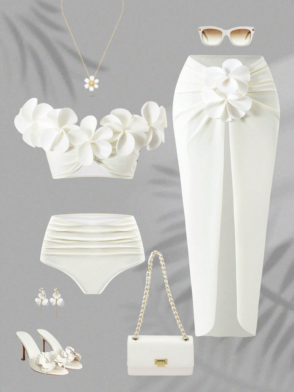 Bonvoyette Women's Summer Beach Vacation 3D Floral Decor One-Shoulder Bikini Set,Elegant White Three-Piece - image 6