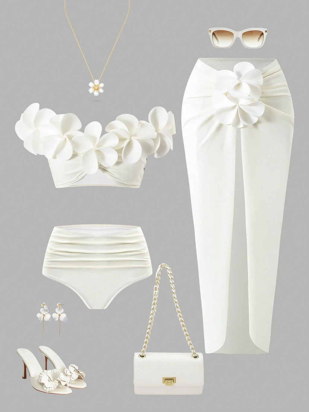 Bonvoyette Women's Summer Beach Vacation 3D Floral Decor One-Shoulder Bikini Set,Elegant White Three-Piece - image 7
