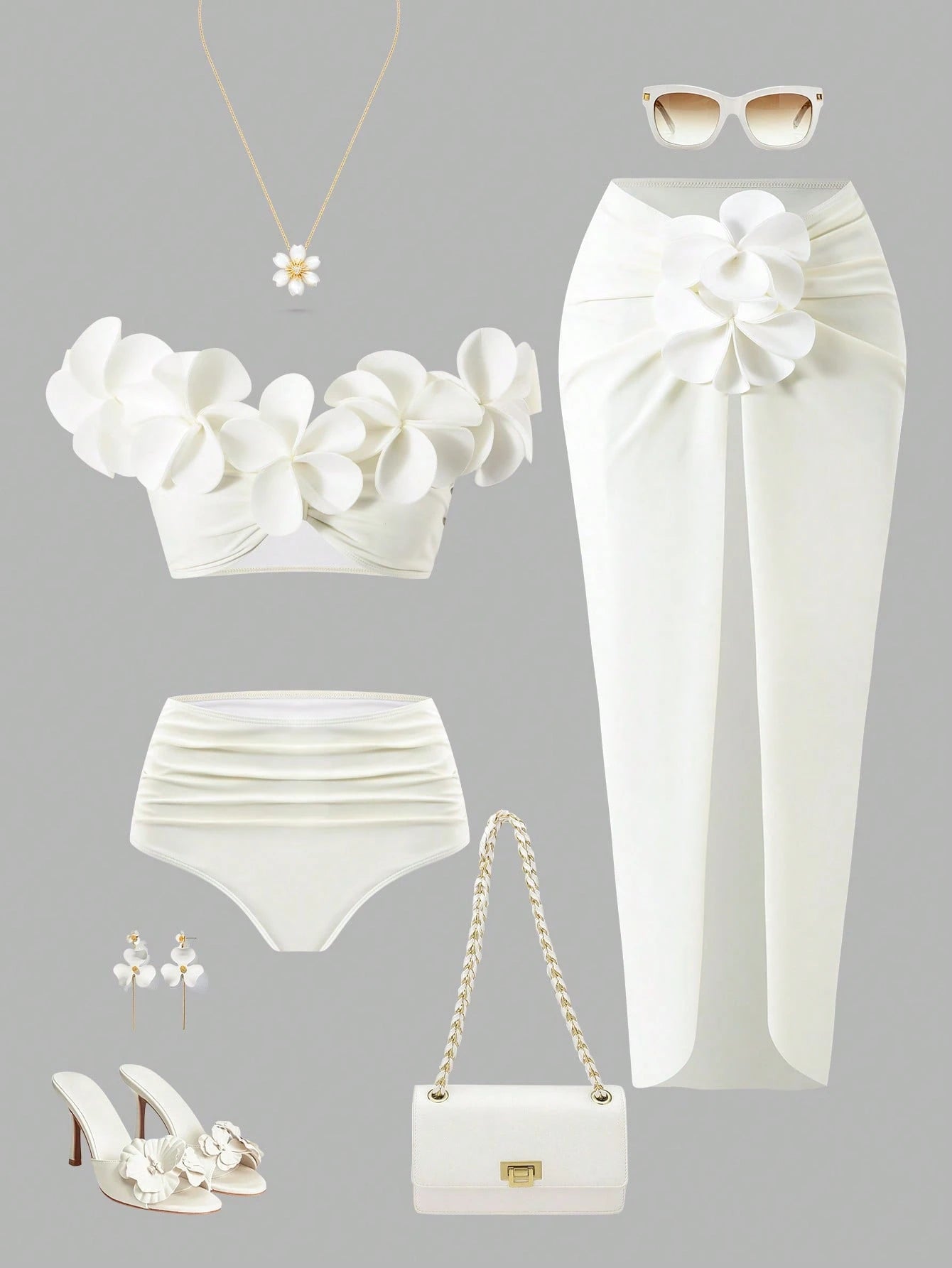 Bonvoyette Women's Summer Beach Vacation 3D Floral Decor One-Shoulder Bikini Set,Elegant White Three-Piece - image 7