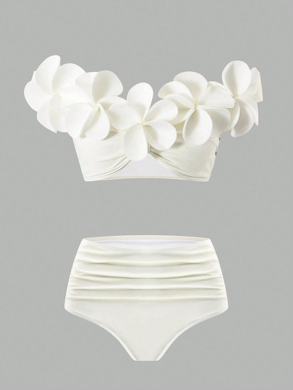 Bonvoyette Women's Summer Beach Vacation 3D Floral Decor One-Shoulder Bikini Set,Elegant White Three-Piece - image 8