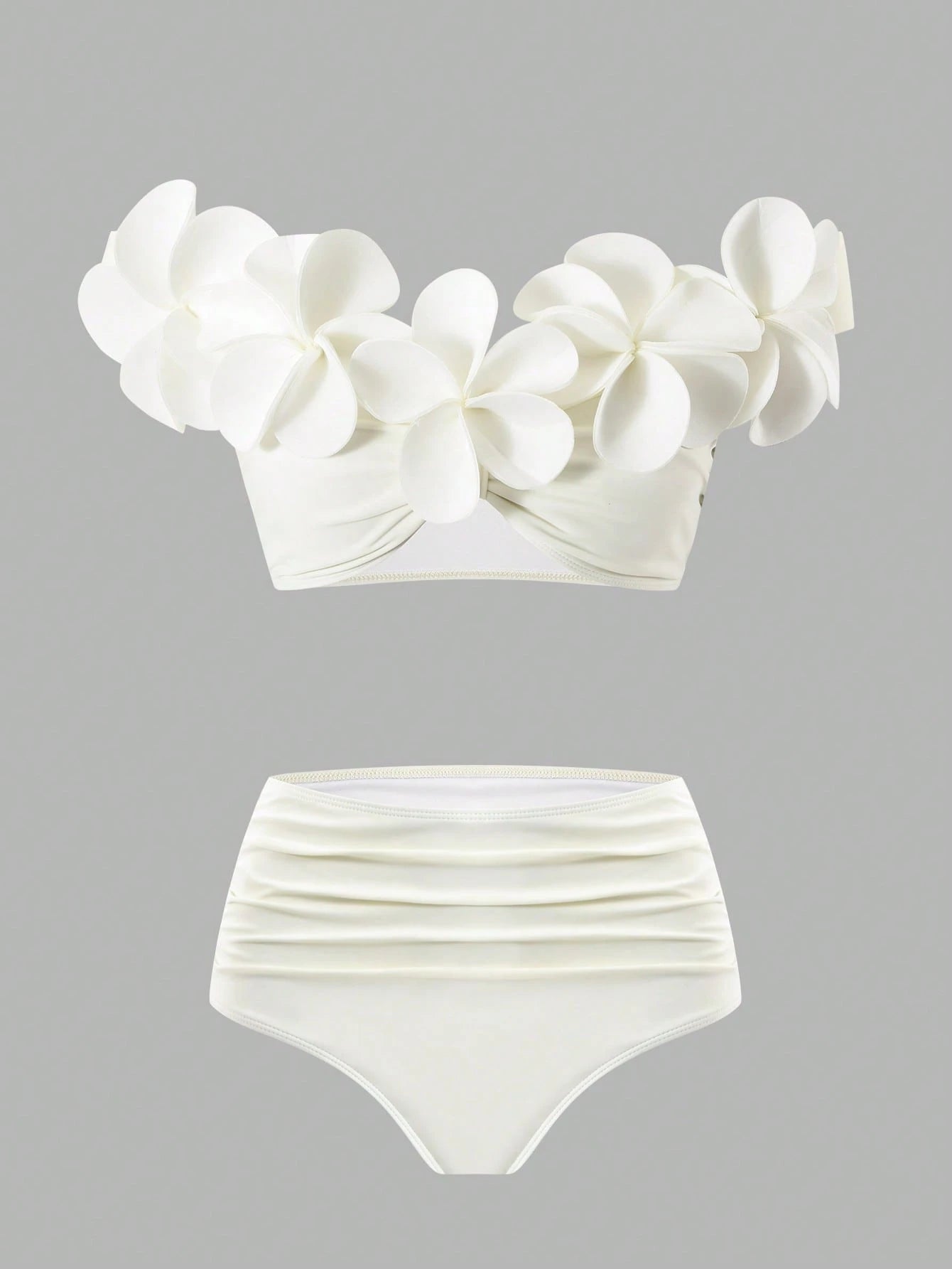 Bonvoyette Women's Summer Beach Vacation 3D Floral Decor One-Shoulder Bikini Set,Elegant White Three-Piece - image 8
