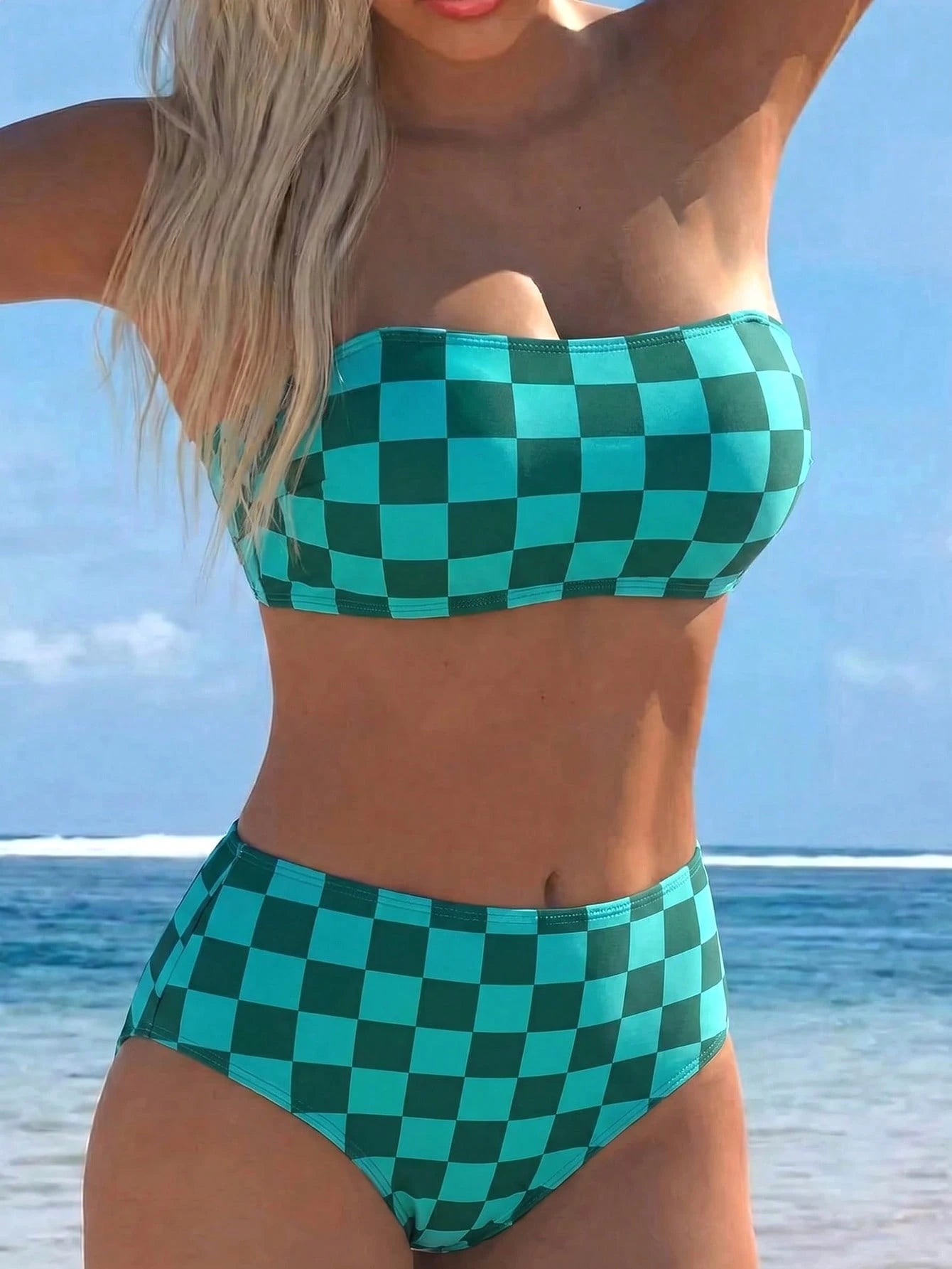 Swim Lushoire Women's Summer Vacation Beach Sexy Colorblock Plaid