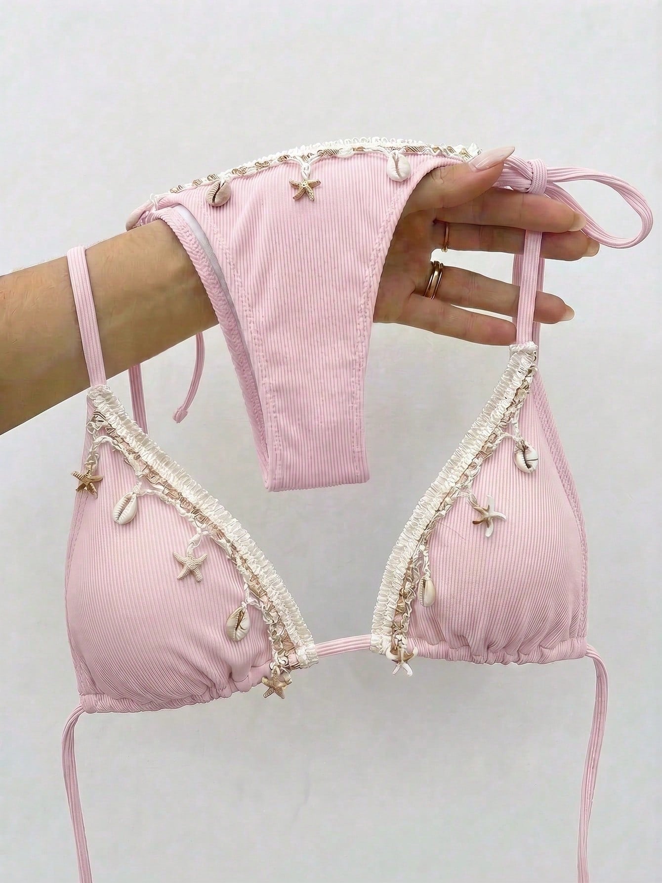 Bikinx Women Solid Color Stitching Ribbon Shell Decoration Triangle
