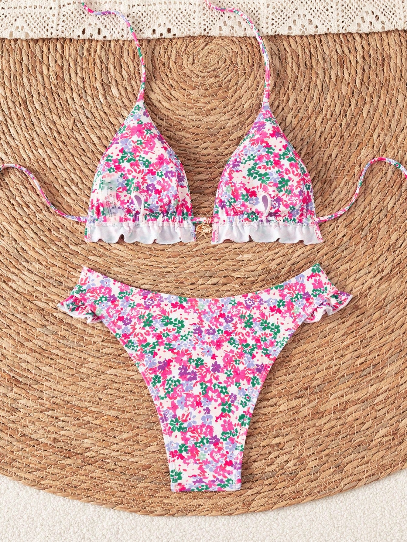 Swim Mod Women's Summer New Beach Vacation Casual Sweet Textured Colorblock Striped Fabric Cute Floral Trim - image 12