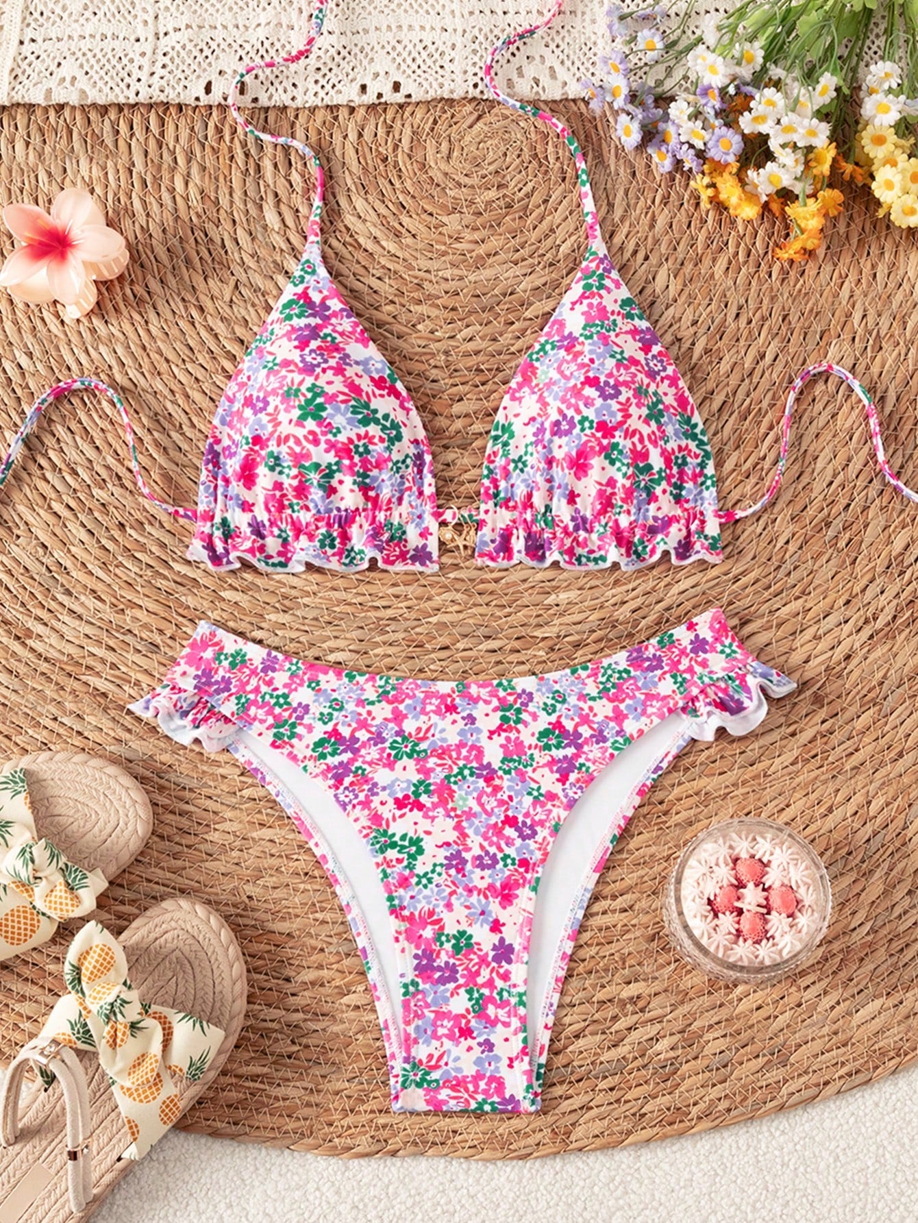 Swim Mod Women's Summer New Beach Vacation Casual Sweet Textured Colorblock Striped Fabric Cute Floral Trim - image 14