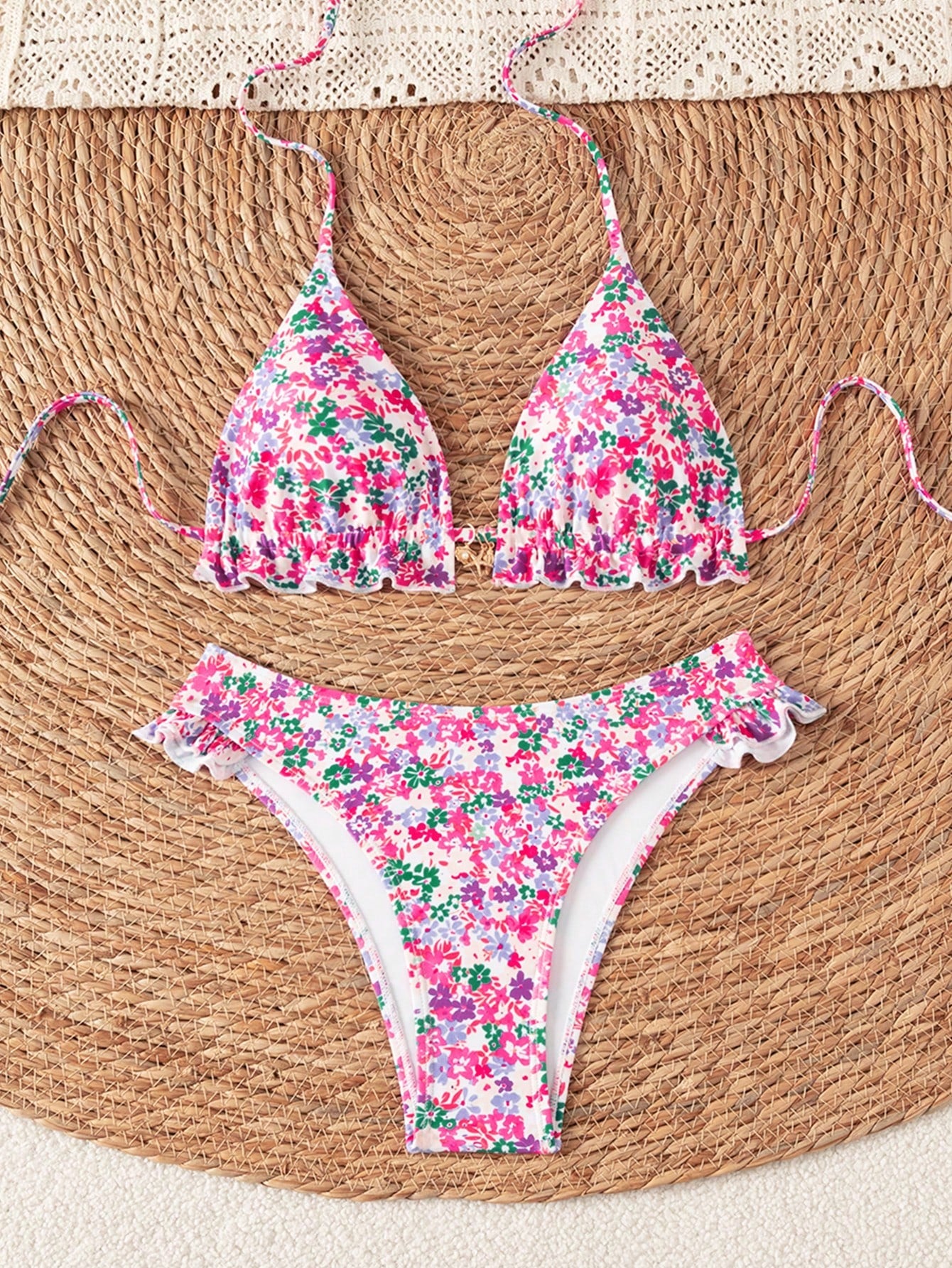 Swim Mod Women's Summer New Beach Vacation Casual Sweet Textured Colorblock Striped Fabric Cute Floral Trim - image 16
