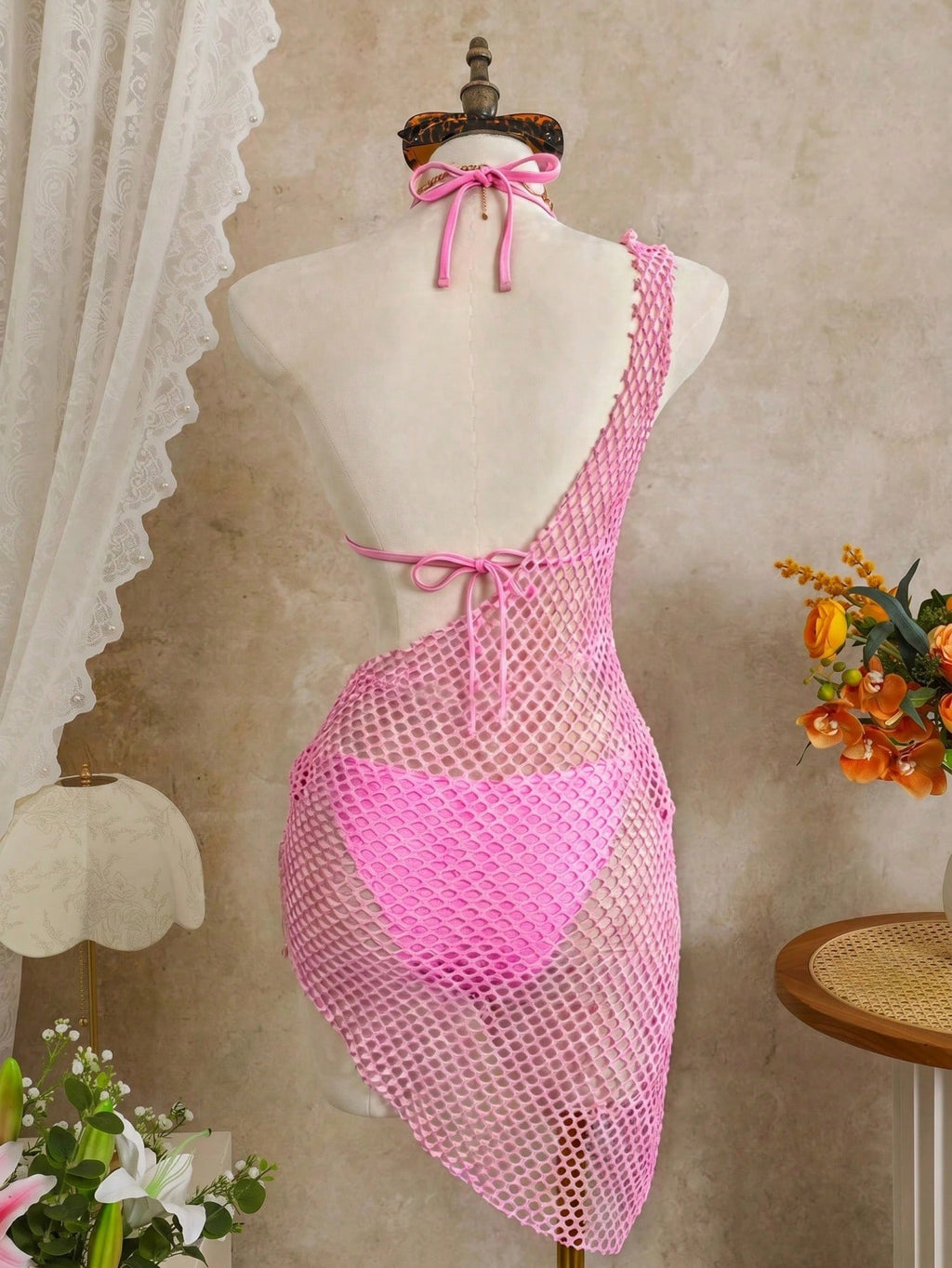 Swim SXY 3pcs Set Special Fabric Halter Bra Top, Tie Pants, Mesh