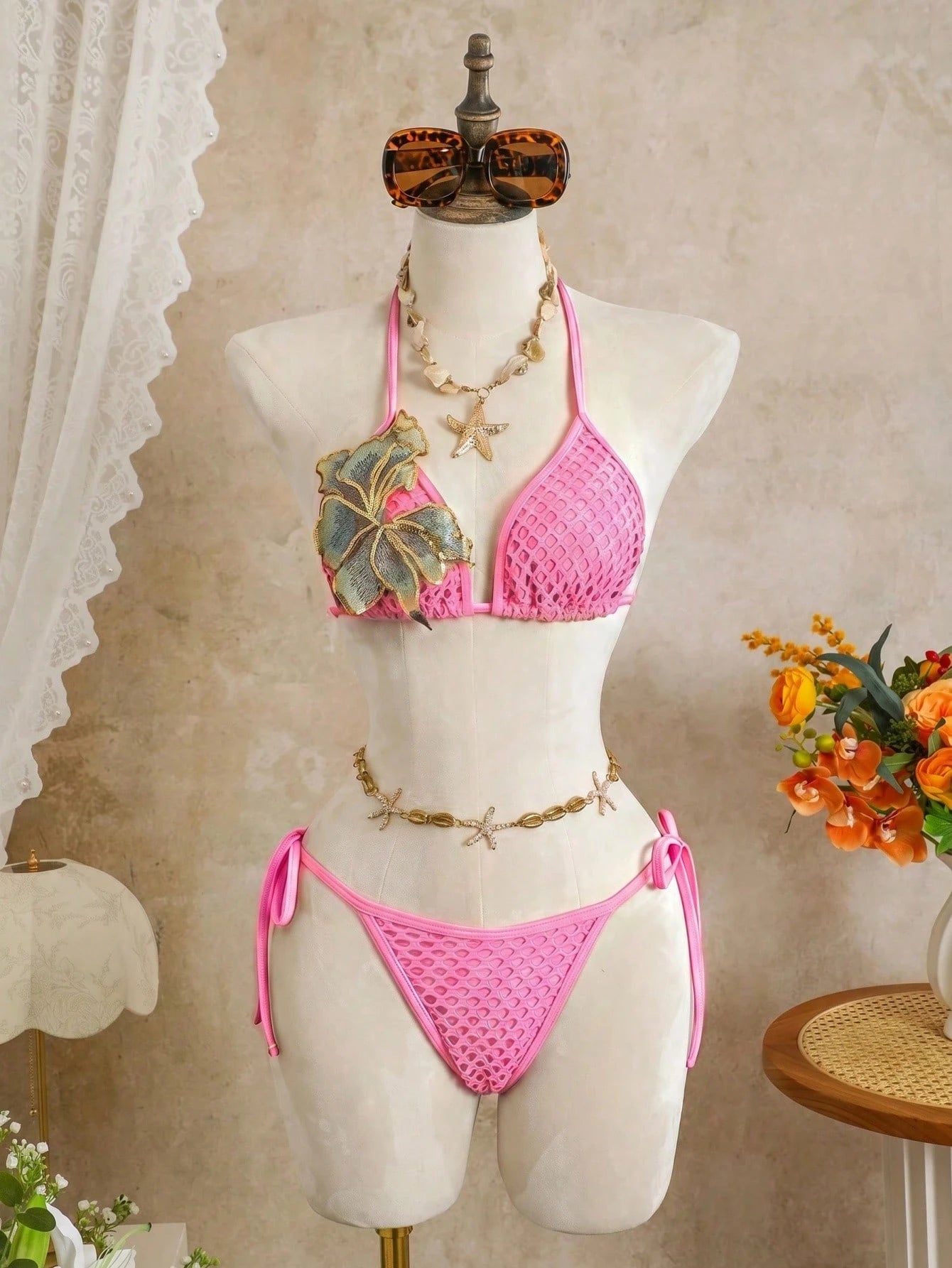 Swim SXY 3pcs Set Special Fabric Halter Bra Top, Tie Pants, Mesh