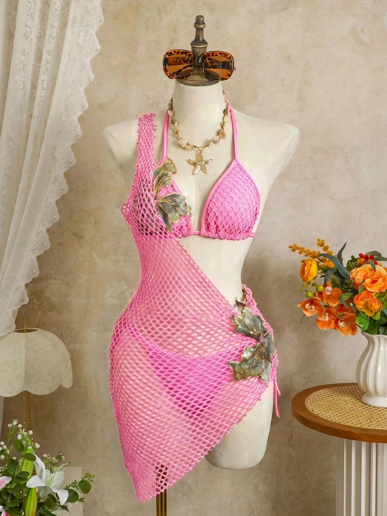 Swim SXY 3pcs Set Special Fabric Halter Bra Top, Tie Pants, Mesh