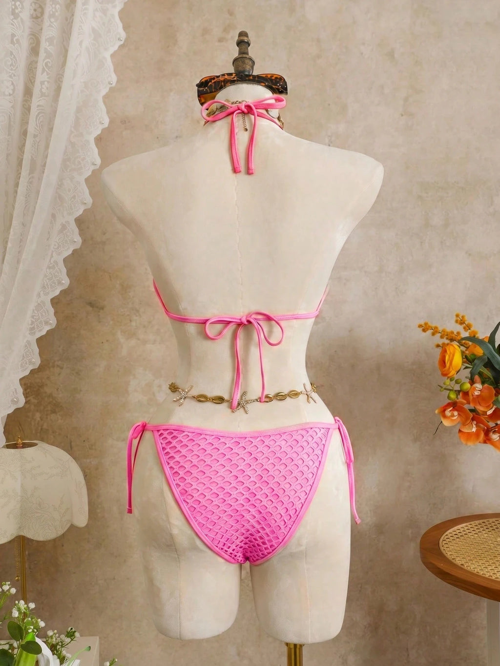 Swim SXY 3pcs Set Special Fabric Halter Bra Top, Tie Pants, Mesh