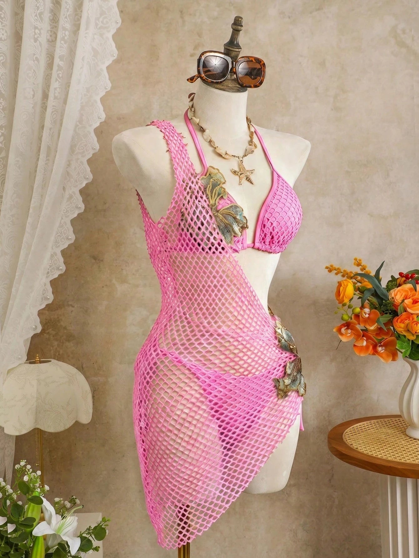 Swim SXY 3pcs Set Special Fabric Halter Bra Top, Tie Pants, Mesh