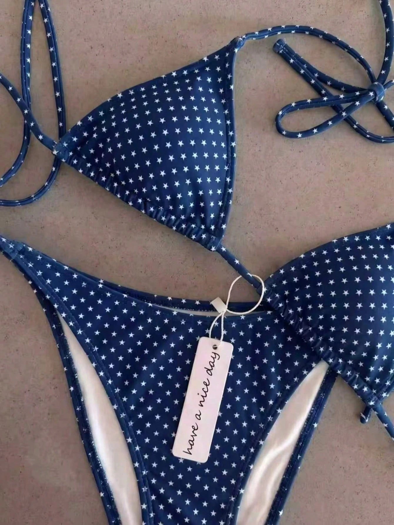 Retro Navy Blue & Black Striped Spaghetti Strap Tie Bikini Set, Sexy