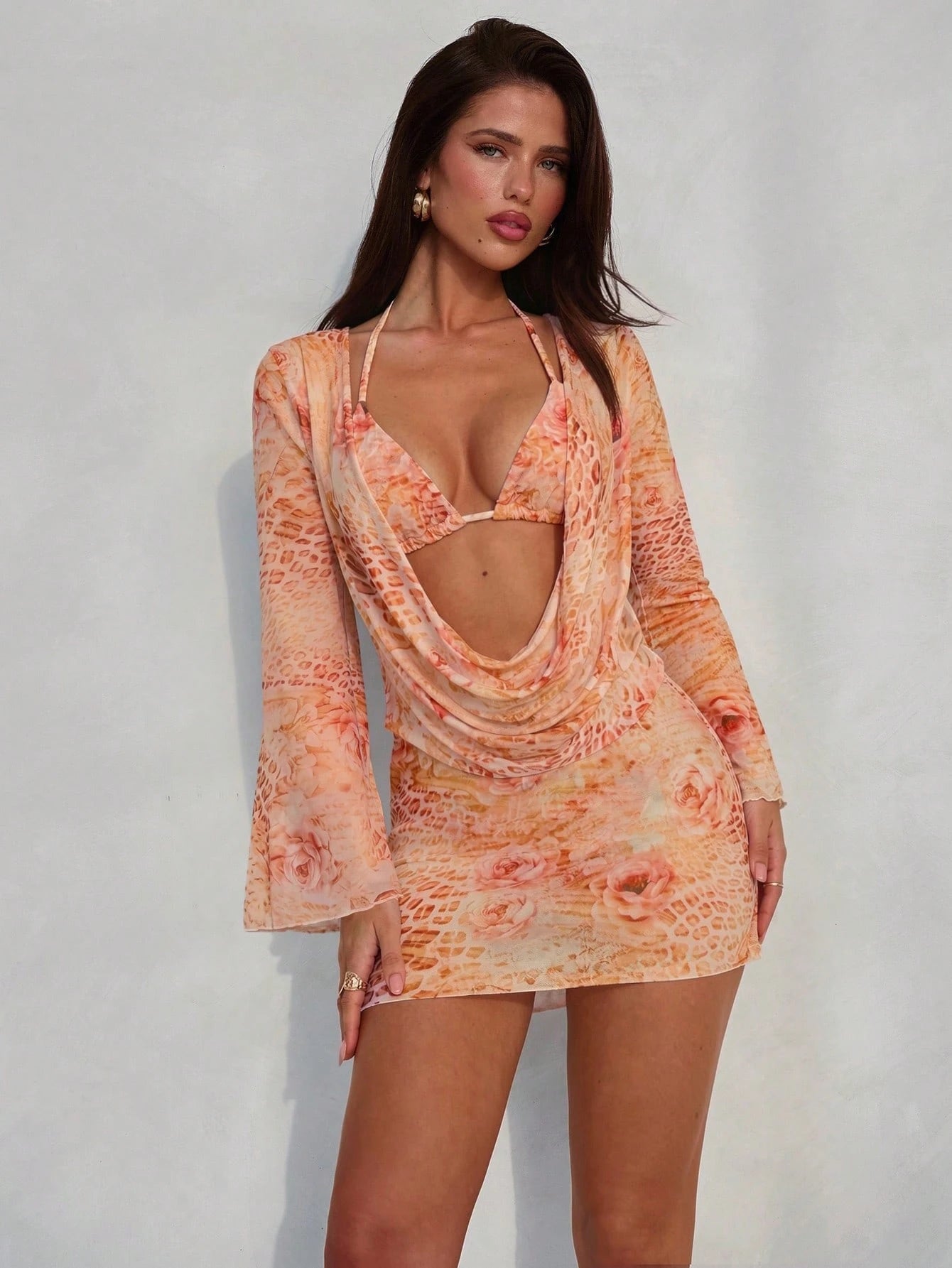 Aloruh Women's Spring/Summer New Floral Print Bikini Set, Sexy & Elegant Swimsuit Set, Long Sleeve Dress With - image 6