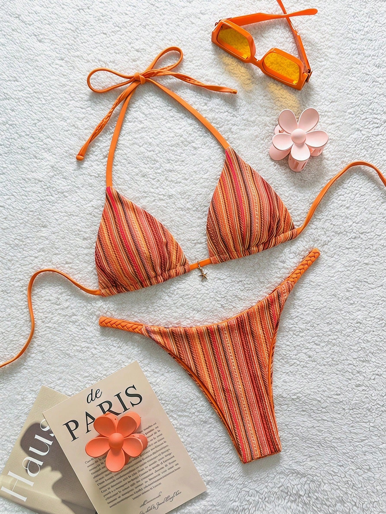 Soleia Women's Retro Striped Print Swimwear Set, Suitable For Beach,