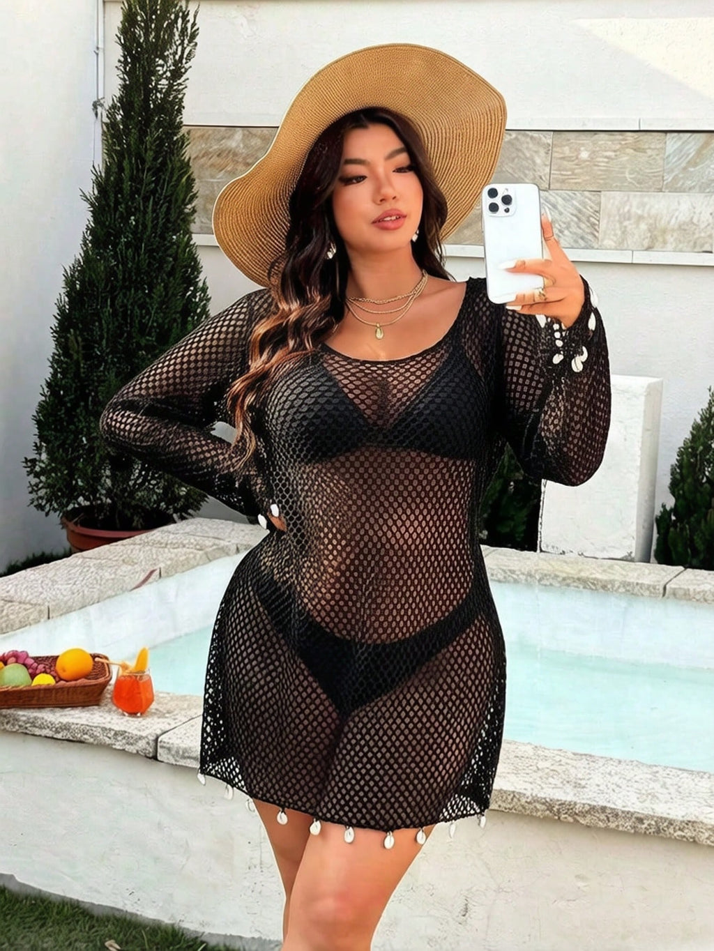 Swim Vcay 2026 Spring/Summer New Solid Color Mesh Fabric Swimsuit Cover-Up, Elegant Shell Decor Long Sleeve - image 3