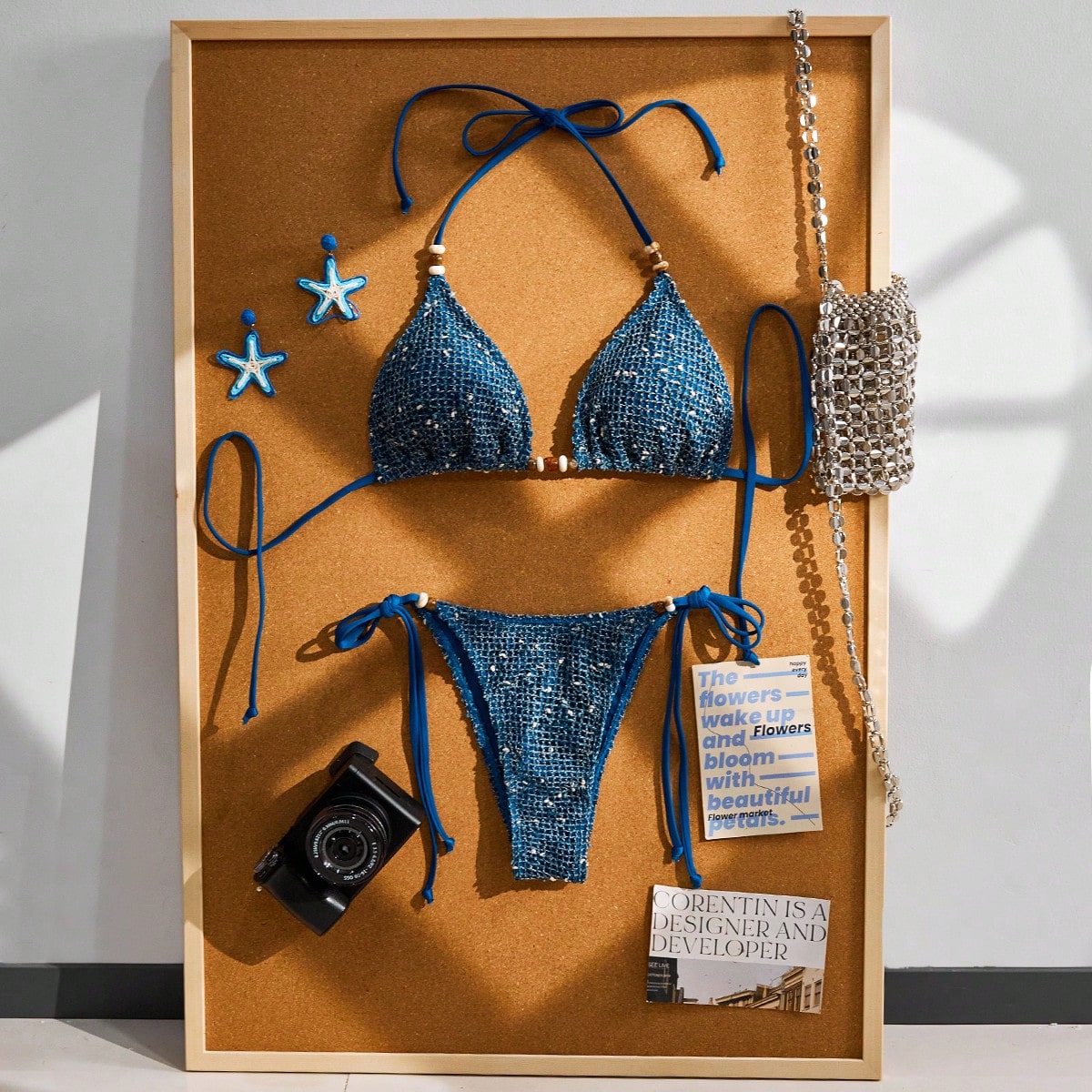 Women's Crochet Beaded Halter Backless Sexy Bikini Set, Bohemian