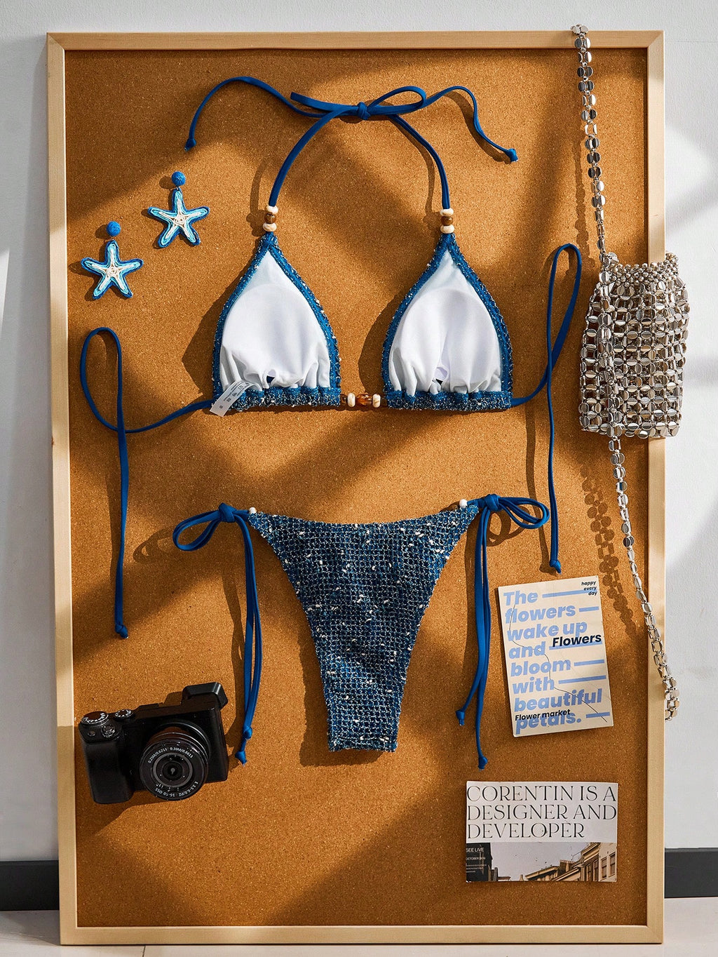 Women's Crochet Beaded Halter Backless Sexy Bikini Set, Bohemian
