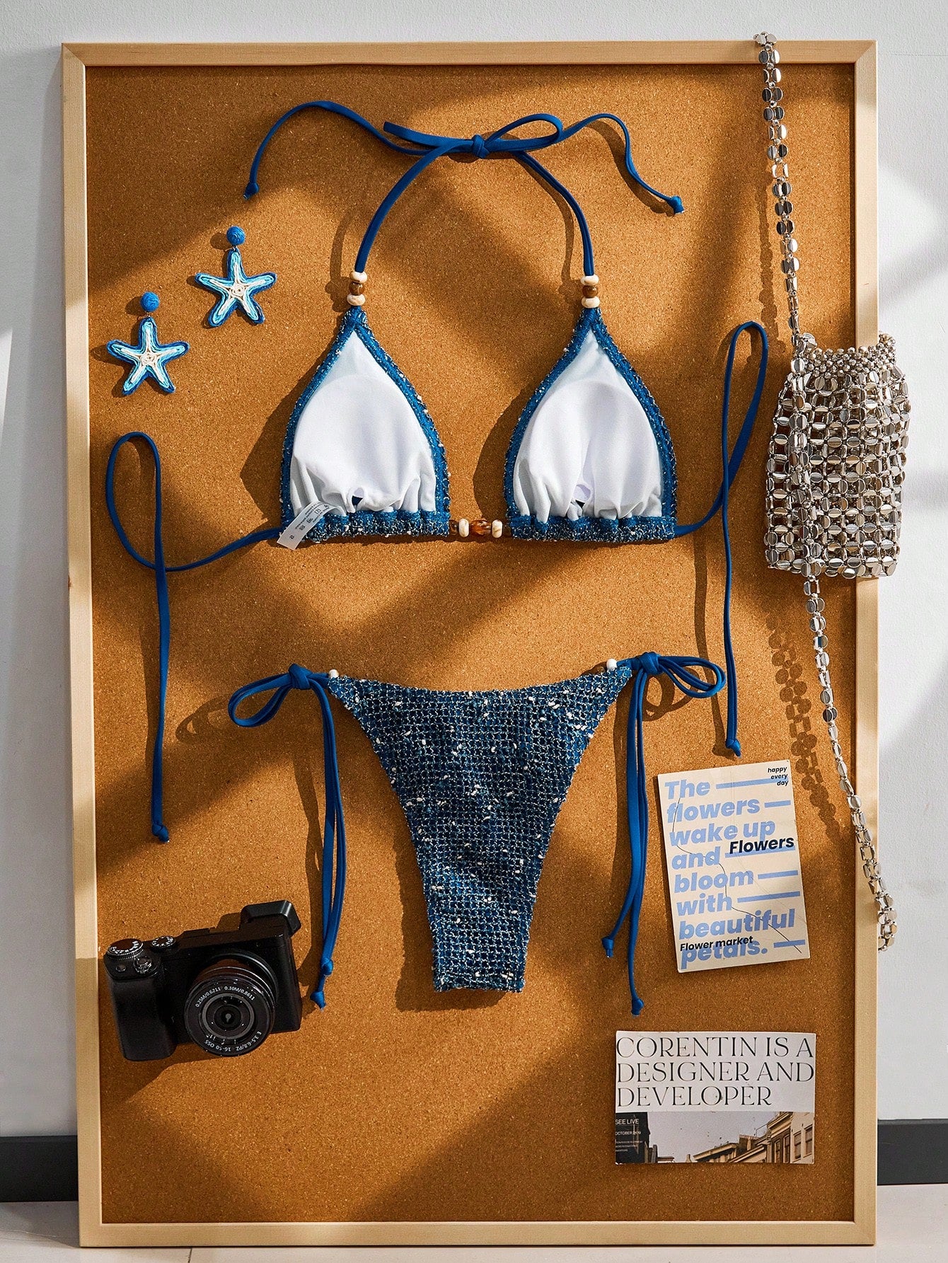 Women's Crochet Beaded Halter Backless Sexy Bikini Set, Bohemian